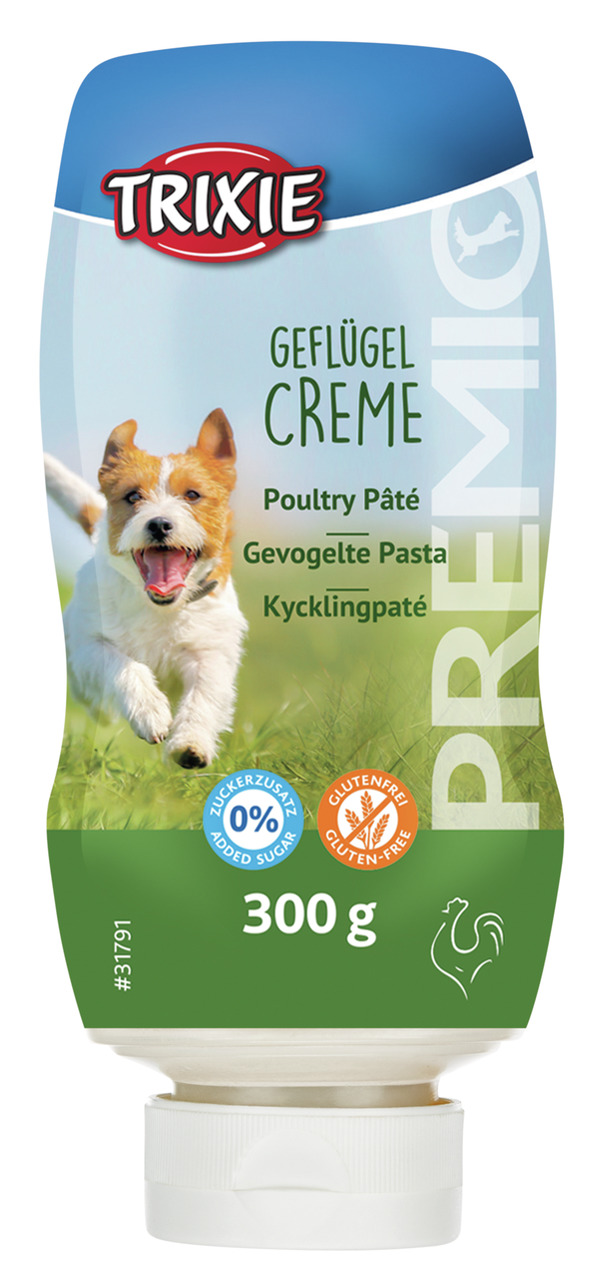 TRIXIE Premio Geflügel Creme, 300 g, gluten- & zuckerfreier Snack für Hunde, ideal als Belohnung/Training, grün-blaue Verpackung.