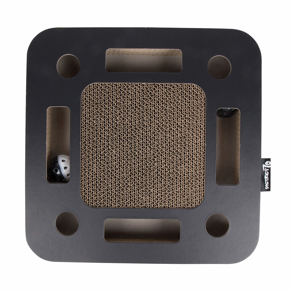 District 70 Game Board, interaktives Katzenspielzeug, robust, mit Kratzfläche & Bällen, quadratisch, schwarz, fördert Aktivität.