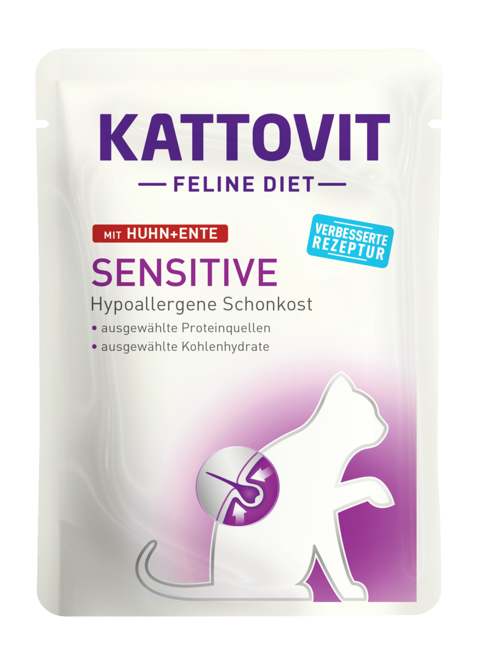 Kattovit Feline Diet Sensitive, Katzenfutter, Huhn & Ente, hypoallergen, für empfindl. Katzen, verb. Rezeptur, 85g.