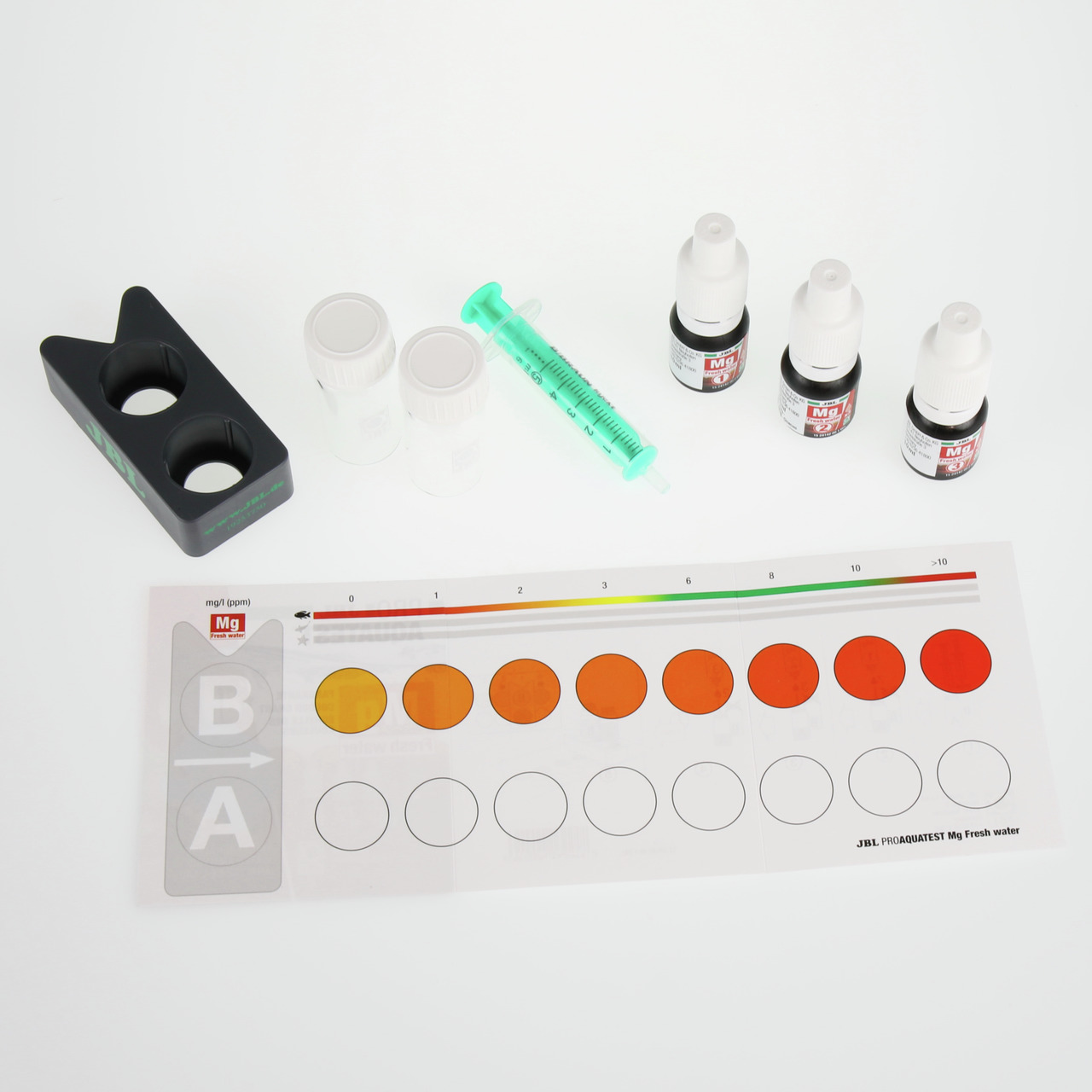 JBL ProAquaTest Mg, Wassertest-Set für Süßwasseraquarien, misst Mg-Gehalt, inkl. 3 Reagenzflaschen, 2 Behälter, Spritze, Farbskala.