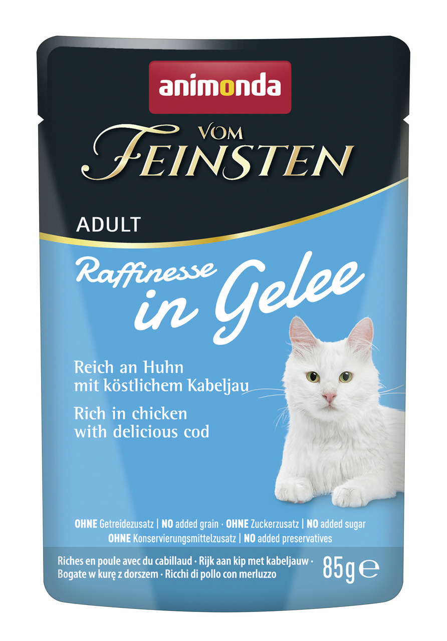 Animonda Vom Feinsten Raffinesse in Gelee, Adult Katzen, Huhn & Kabeljau, 85 g, getreide-, zucker- & konservierungsfrei.