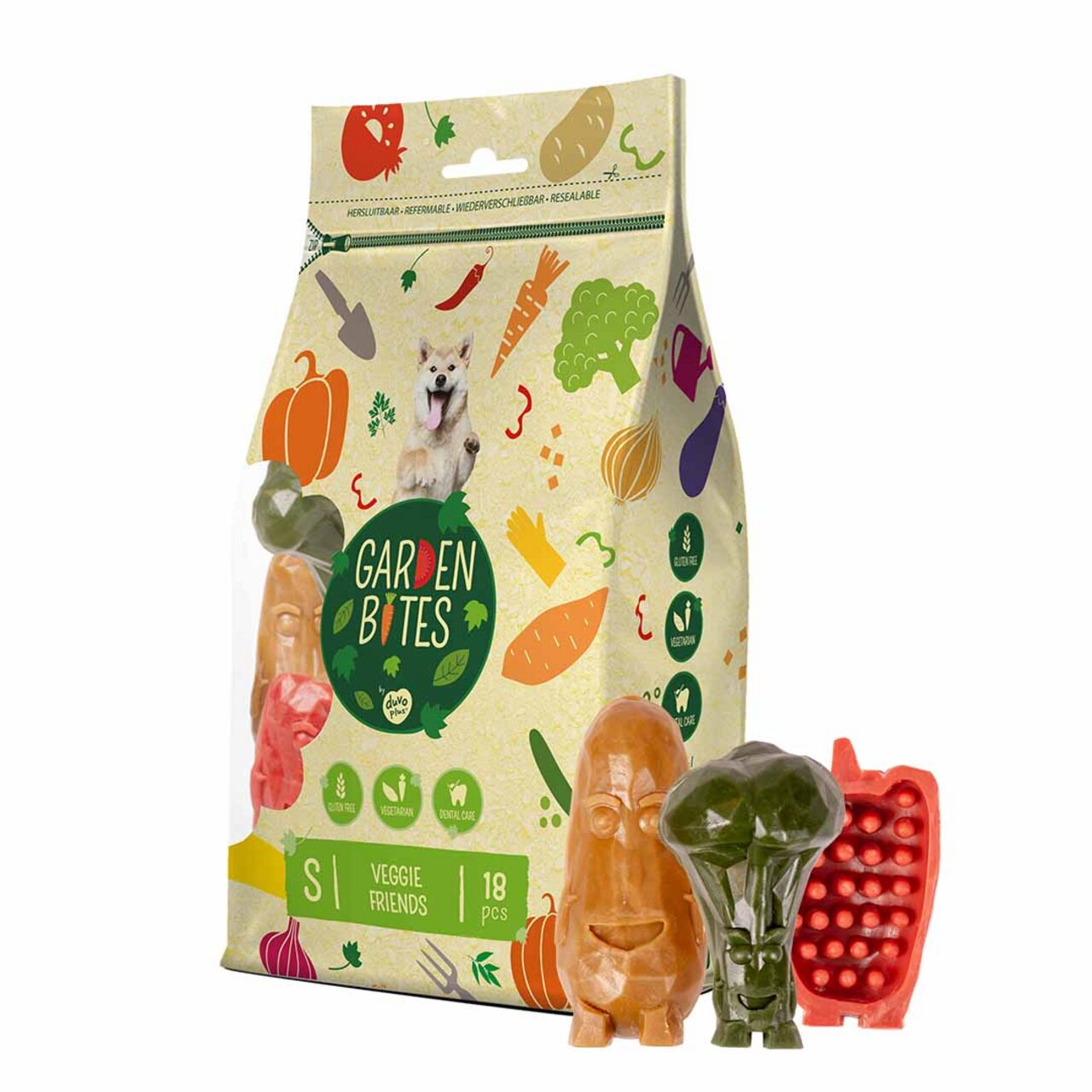 duvoplus Garden Bites, vegetarische Hundesnacks, 18 Stück. Für kleine Hunde, mit Gemüsegeschmack. Zuckerfrei und zahnpflegend.
