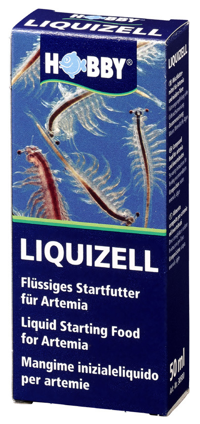 Das Bild zeigt die Verpackung des Produkts "Hobby Liquizell", ein flüssiges Startfutter für Artemia. Die Zielgruppe sind Aquarienbesitzer, die Artemia züchten. Die Verpackung ist blau mit einer Abbildung von Artemia und enthält 50 ml. Das Produkt wird als