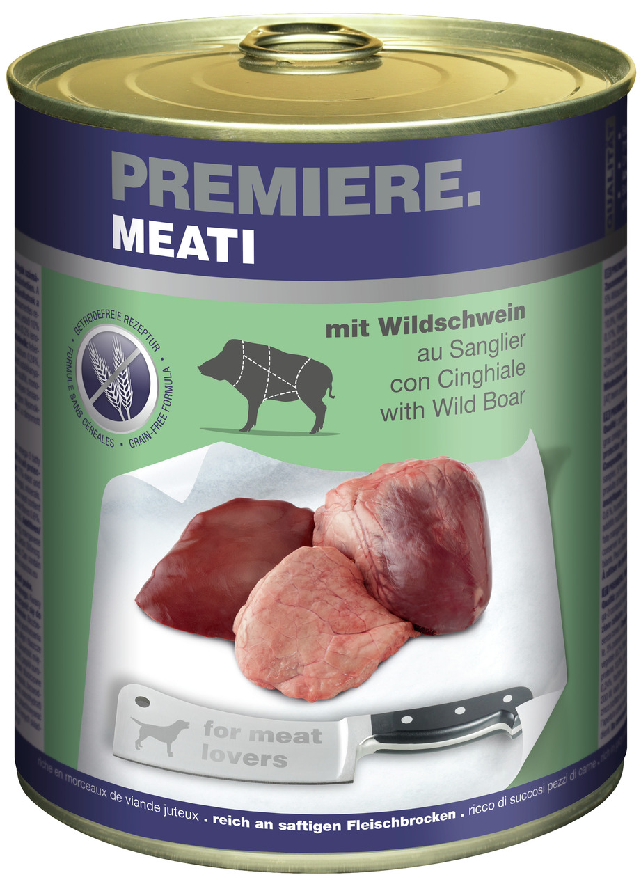 PREMIERE MEATI Hundefutter, Wildschwein, 400 g, saftige Fleischstücke, "for meat lovers".