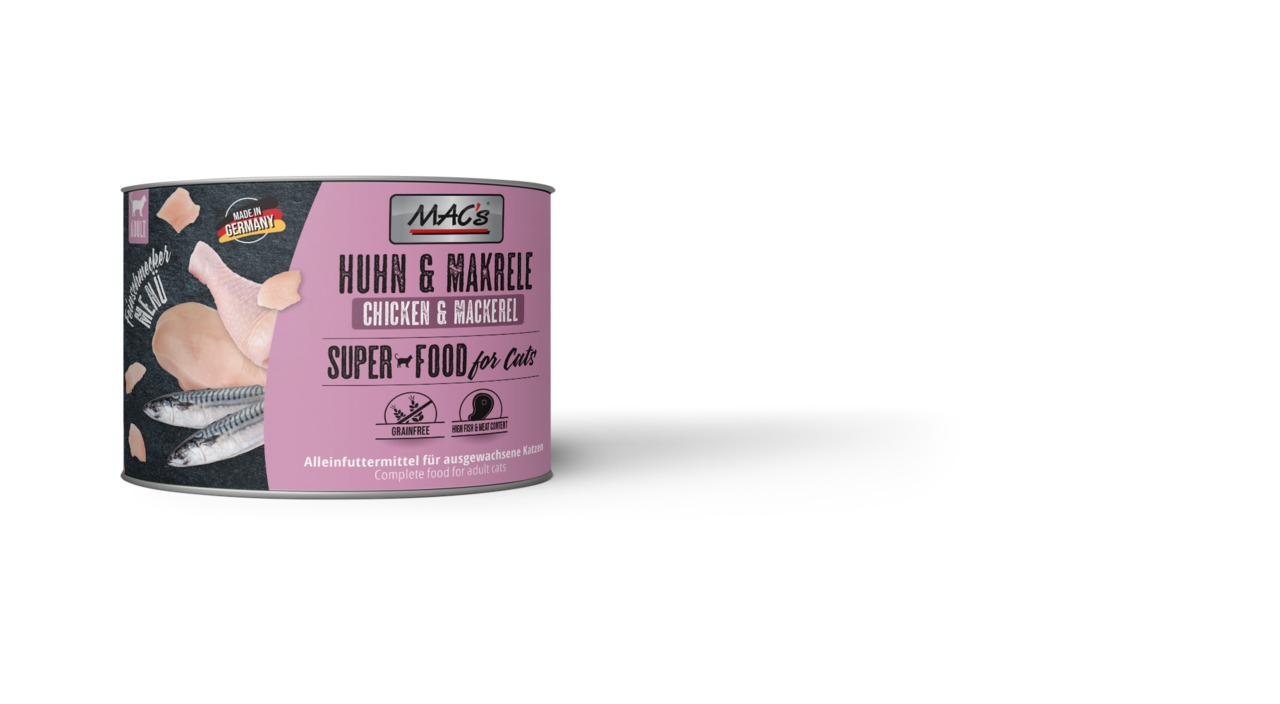 MAC's Katzenfutter Huhn & Makrele, getreidefrei, für ausgewachsene Katzen, „Super Food for Cats“, 200 g.