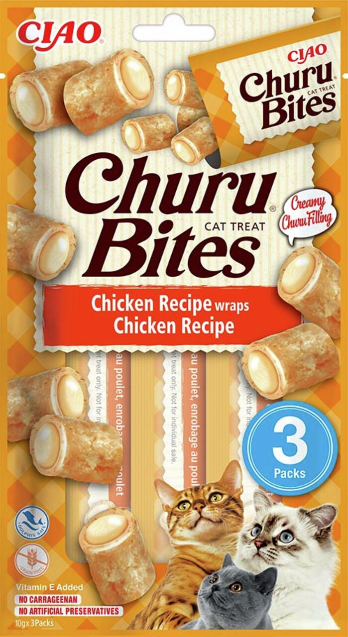 Ciao Churu Bites Cat Treat, Huhn, cremige Füllung, für Katzen, 3er-Pack (10 g), ohne Carrageenan und künstliche Konservierungsstoffe.