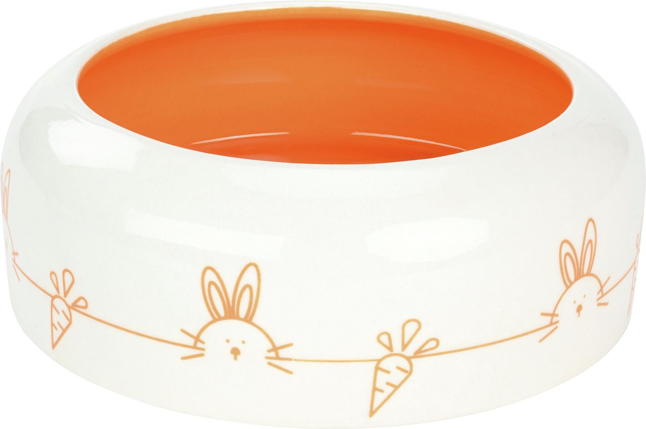 Keramiknapf AniOne für Kaninchen-Meerschweinchen, 300 ml, weiß mit Karotten--Hasenmotiv, innen orange, stabil, leicht zu reinigen.