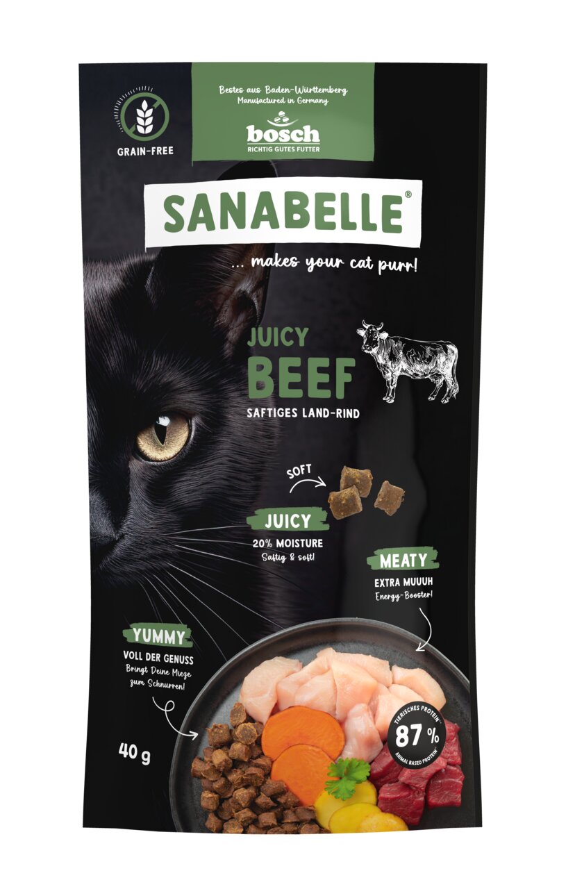 Sanabelle Juicy Beef, Katzenfutter, getreidefrei, saftiges Land-Rind, 87 % tierisches Protein, 20 % Feuchtigkeit, 40 g.