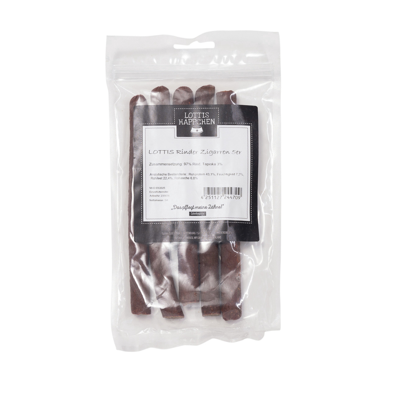 LOTTIS HÄPPCHEN Rinderzigarren, Kausnack f. Hunde, 97 % Rind, 3 % Tapioka, „Das pflegt meine Zähne!“, 5 Stk.