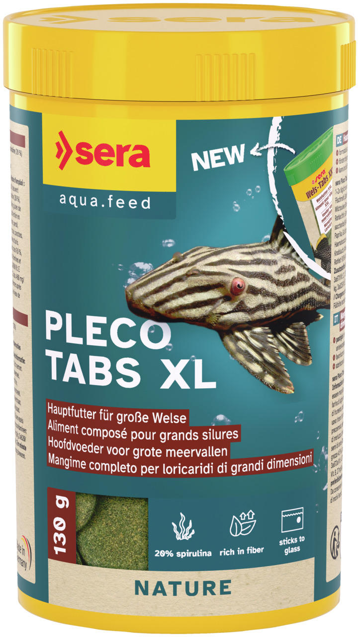 Das Bild zeigt eine gelbe Dose des Produkts „sera Pleco Tabs XL“, einem Hauptfutter für große Welse. Die Zielgruppe sind Aquarienbesitzer mit großen Welsen. Die Geschmacksrichtung enthält 26 % Spirulina. Die Menge beträgt 130 g. Das Futter ist ballaststof