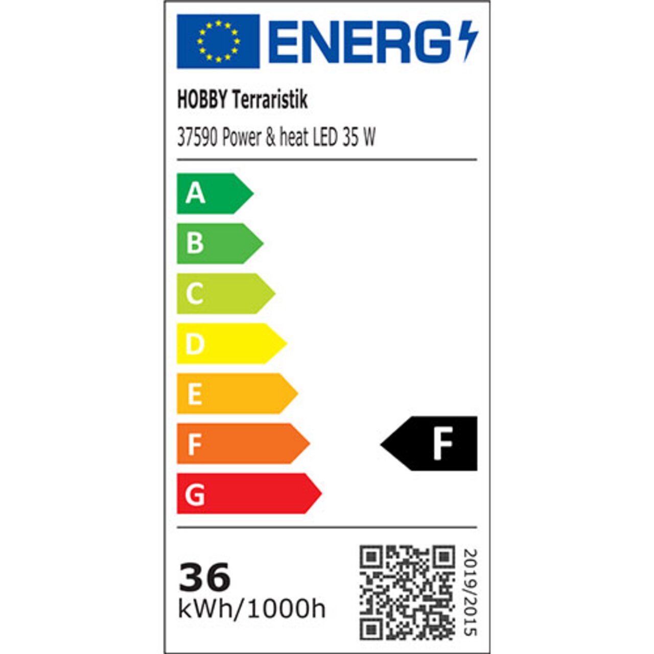 Energieeffizienzlabel der HOBBY Terraristik Power & Heat LED 35 W, Kategorie F, Stromverbrauch 36 kWh/1000h.