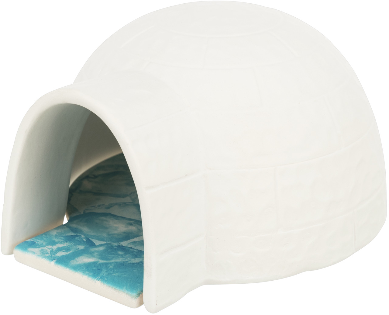 Das Bild zeigt das TRIXIE Keramik-Iglu für Kleintiere, ein weißes, igluförmiges Versteck mit einer blauen, eisähnlichen Bodenplatte. Es ist speziell für Kleintiere wie Hamster oder Mäuse geeignet und bietet einen kühlen Rückzugsort. Ideal für artgerechte 