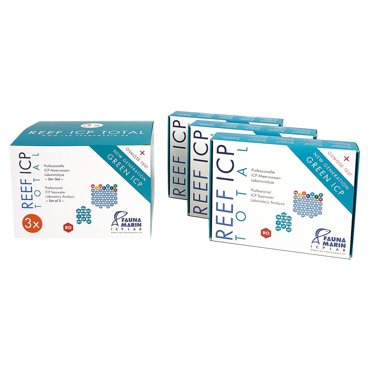 Das Bild zeigt das Produkt "REEF ICP TOTAL" der Marke Fauna Marin, ein Set für professionelle Meerwasser-Laboranalysen. Es handelt sich um ein 3er-Set, das speziell für die Analyse von Osmosewasser entwickelt wurde. Die Verpackung ist in Weiß und Blau ges
