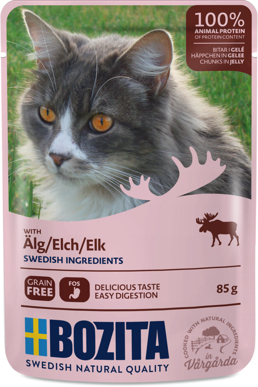 Bozita Häppchen in Gelee mit Elch, 85 g, für Katzen. Getreidefrei, 100 % tierisches Protein, leicht verdaulich.