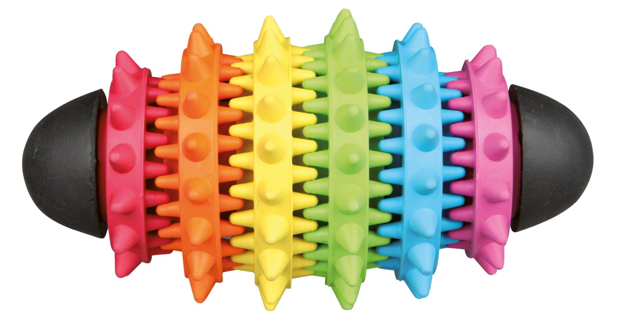 TRIXIE Denta Fun Rugby, Kauspielzeug für Hunde, Gummi, Regenbogenfarben, mit Noppen zur Zahnpflege, für alle Größen.