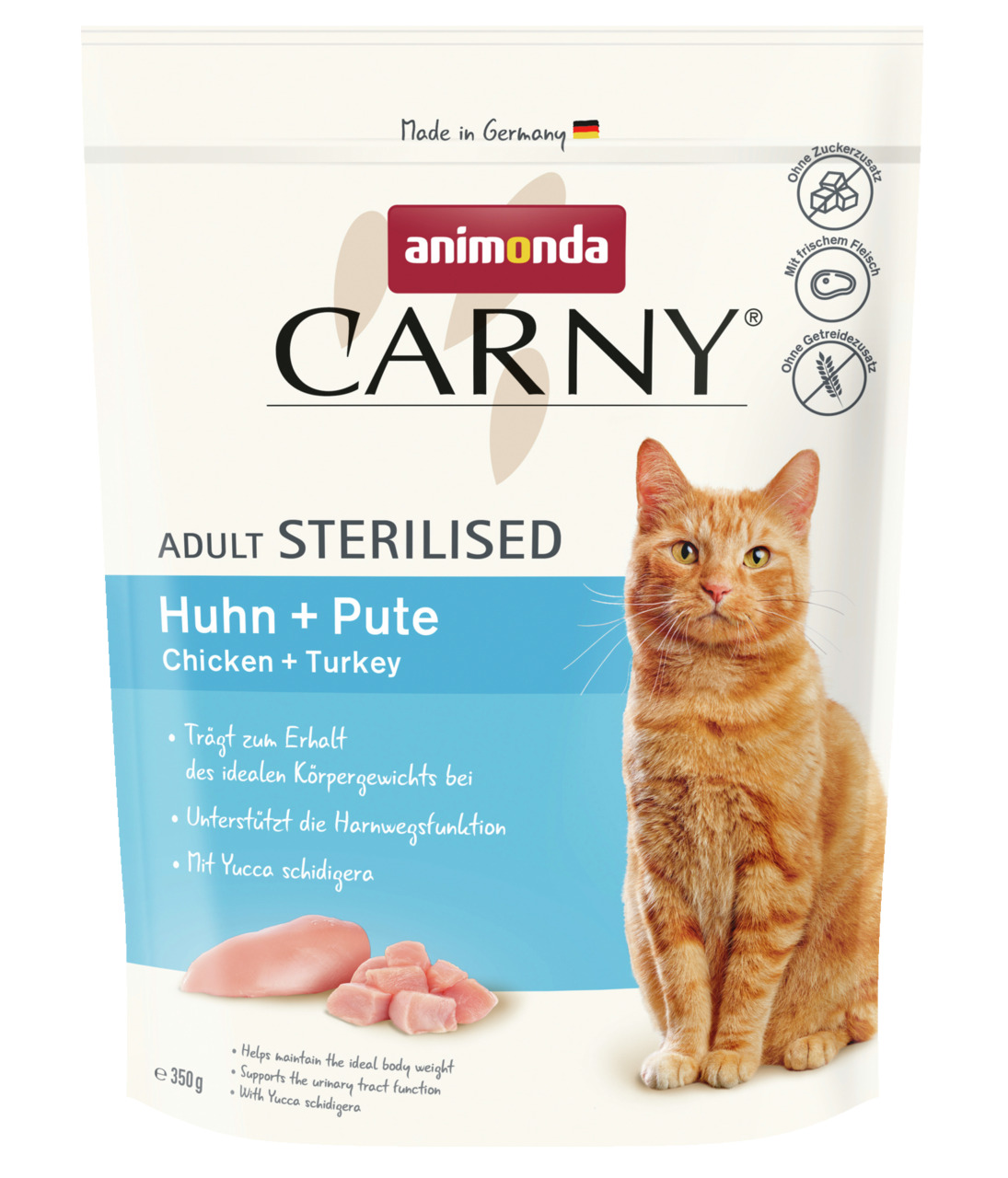 Animonda Carny Adult Sterilised, Katzen, Huhn & Pute, ideal f. Gewicht & Harnwege, 350 g, frisches Fleisch, ohne Zucker/Getreide.