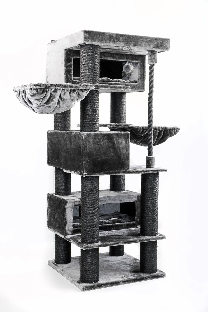 Petrebels Kratzbaum für Katzen, graues Design, mit Ebenen, Liegeflächen, Höhlen & Sisalstämmen, ideal für aktive Katzen.