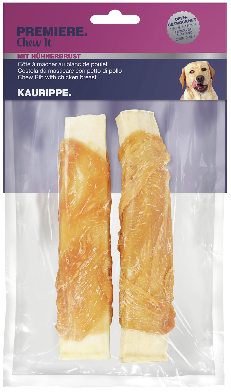 Das Bild zeigt das Produkt „PREMIERE Chew It Kaurippe mit Hühnerbrust“, ein Kausnack für Hunde. Die Zielgruppe sind Hundehalter, die ihren Tieren eine schmackhafte und ofengetrocknete Belohnung bieten möchten. Die Packung enthält zwei Kaurippen, die mit z