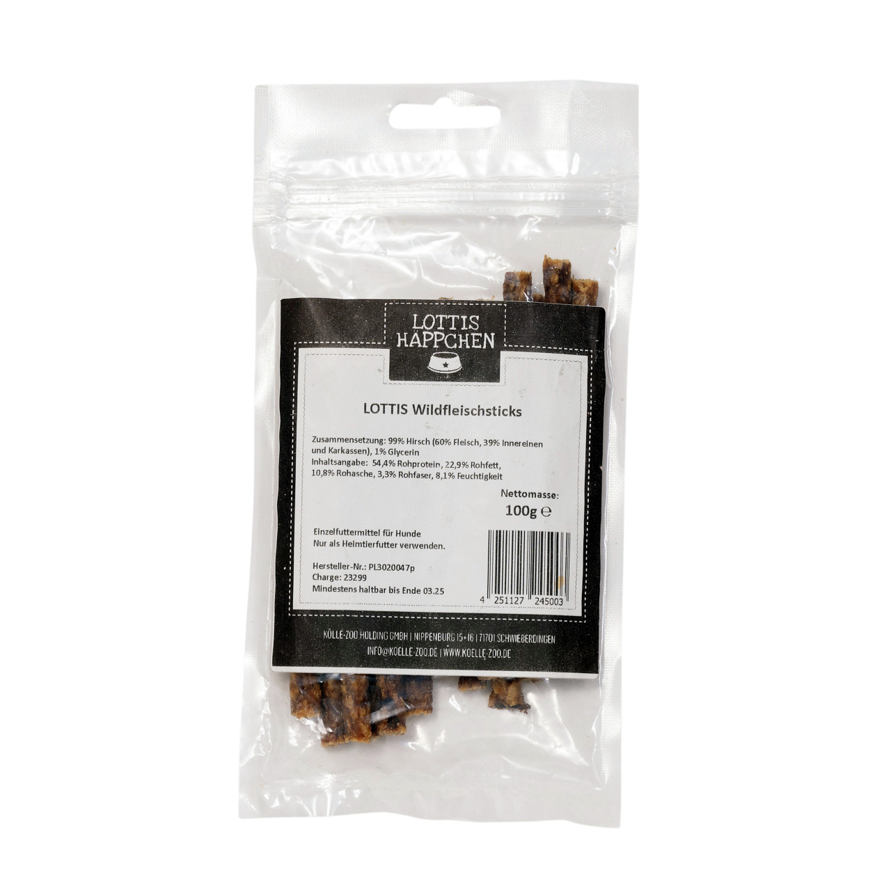 Das Bild zeigt eine transparente Verpackung mit der Aufschrift „LOTTIS HÄPPCHEN“. Es handelt sich um „LOTTIS Wildfleischsticks“, ein Einzelfuttermittel für Hunde. Die Zielgruppe sind Hundehalter, die Wert auf natürliche Snacks legen. Die Sticks bestehen z