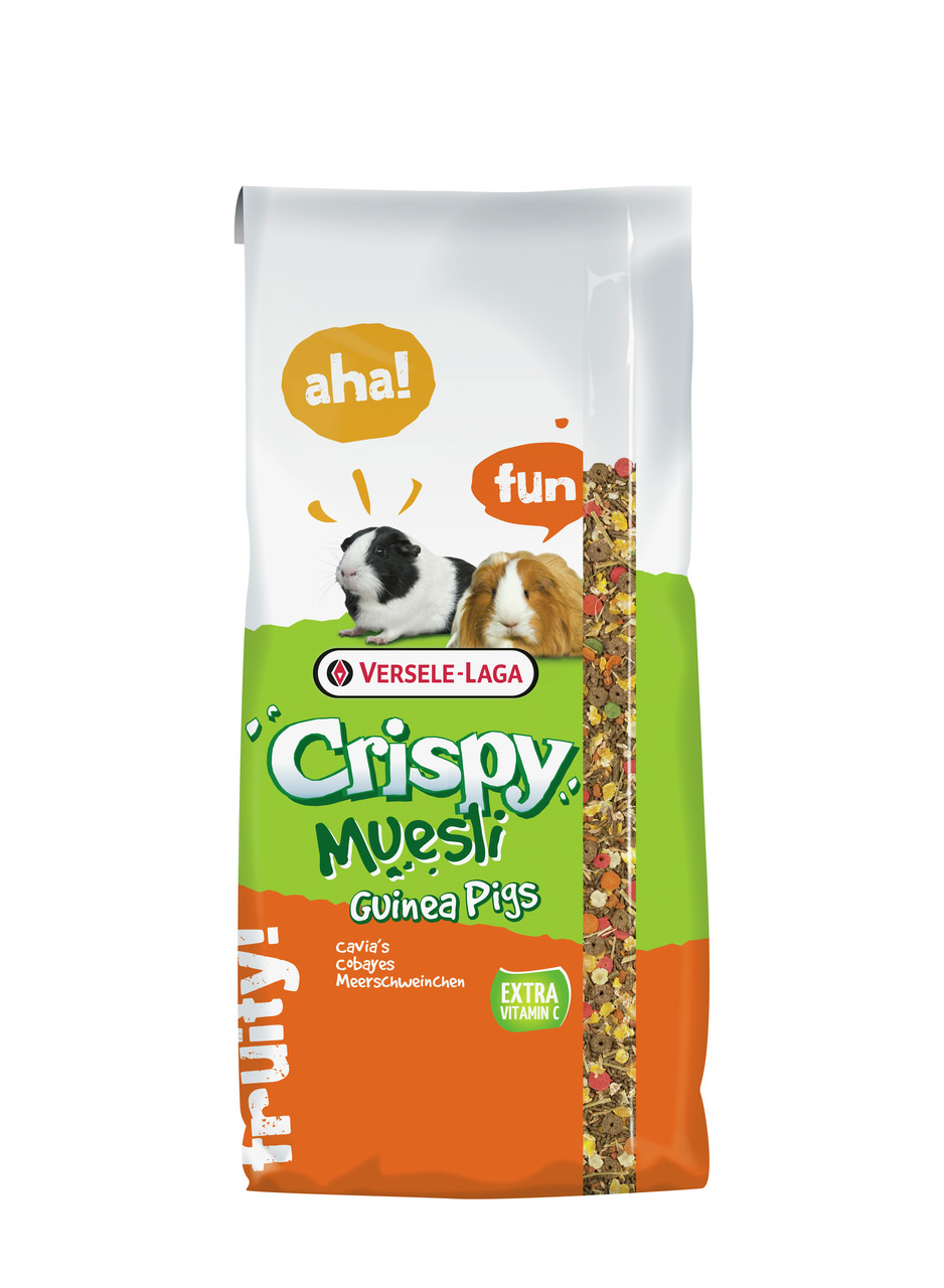 Versele-Laga Crispy Muesli Guinea Pigs, für Meerschweinchen, mit extra Vitamin C, 1 kg, grün-orange Verpackung, „aha!“ & „fun“.