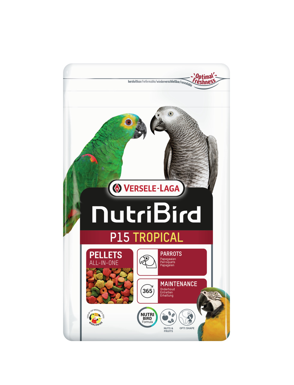 Versele-Laga NutriBird P15 Tropical: All-in-One-Pellets f. Papageien, Nuss-Frucht-Geschmack, 365 g, wiederverschließbar.