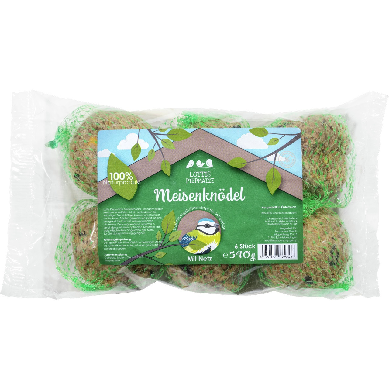 Das Bild zeigt eine Verpackung von „Lottis Piepmätze Meisenknödel“, einem Vogelfutterprodukt für Wildvögel. Die Packung enthält sechs Knödel mit Netz, insgesamt 540 g. Die Geschmacksrichtung ist nicht angegeben, jedoch wird auf die natürliche Zusammensetz