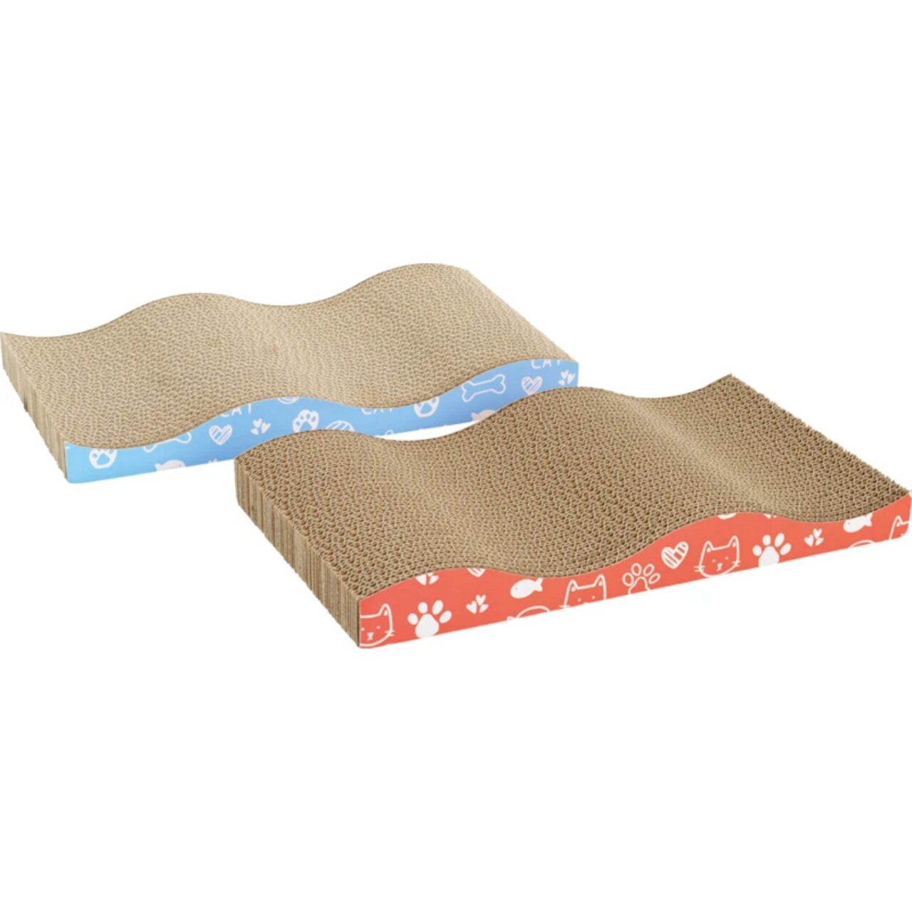 fit+fun Katzenspielzeug, Kratzbrett aus Wellpappe mit bunter Umrandung für Katzen. In rot und blau. Maße erkennbar: ca. 30x20 cm.