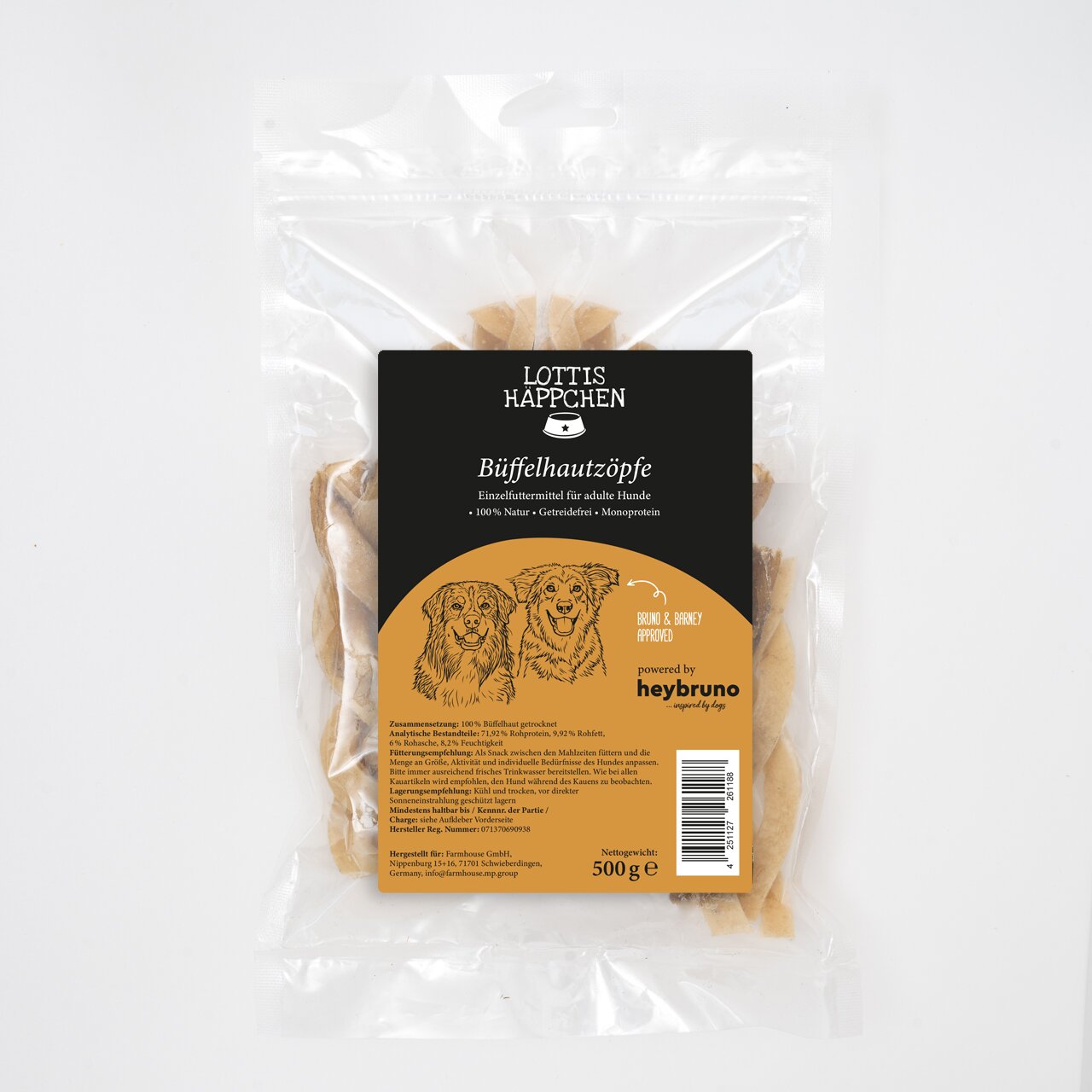 LOTTIS HÄPPCHEN Büffelhautzöpfe für adulte Hunde, Kausnack mit Rind und Huhn, 100% Natur, getreidefrei, 500 g.