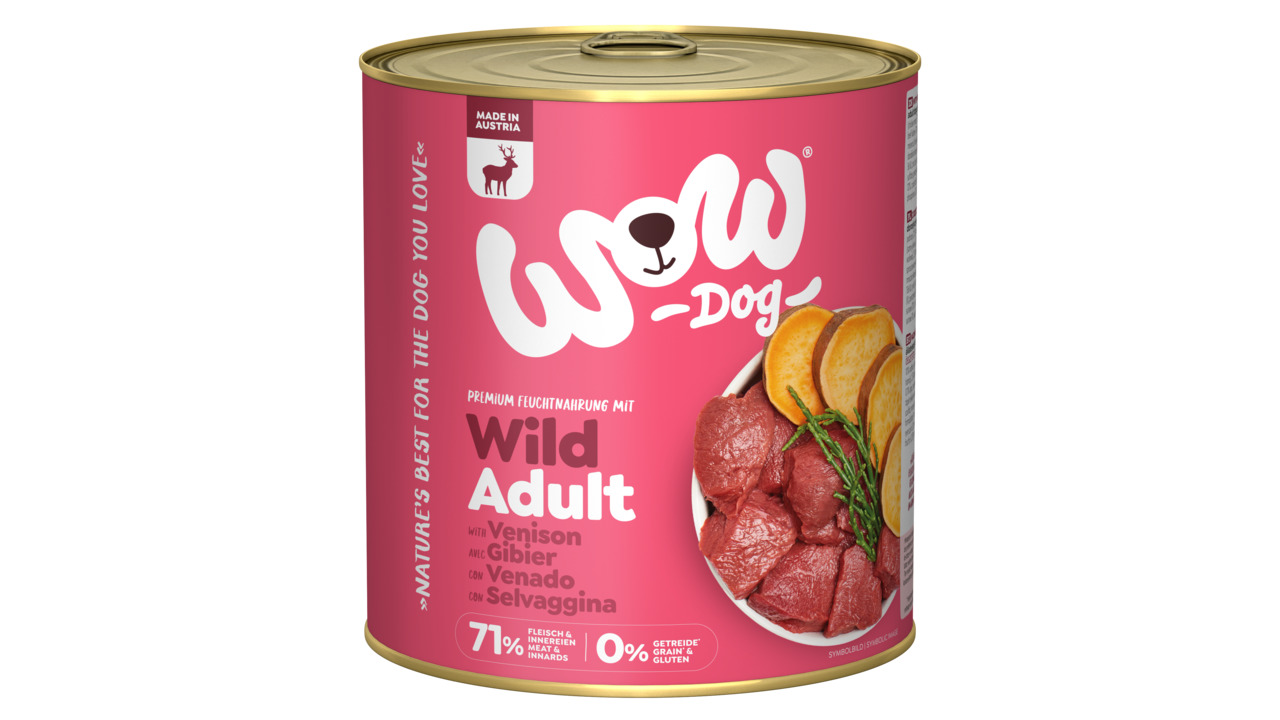 Sparpaket 24 x 800 g Wow Adult Wild mit Seealge + Süßkartoffel Hunde Nassfutter