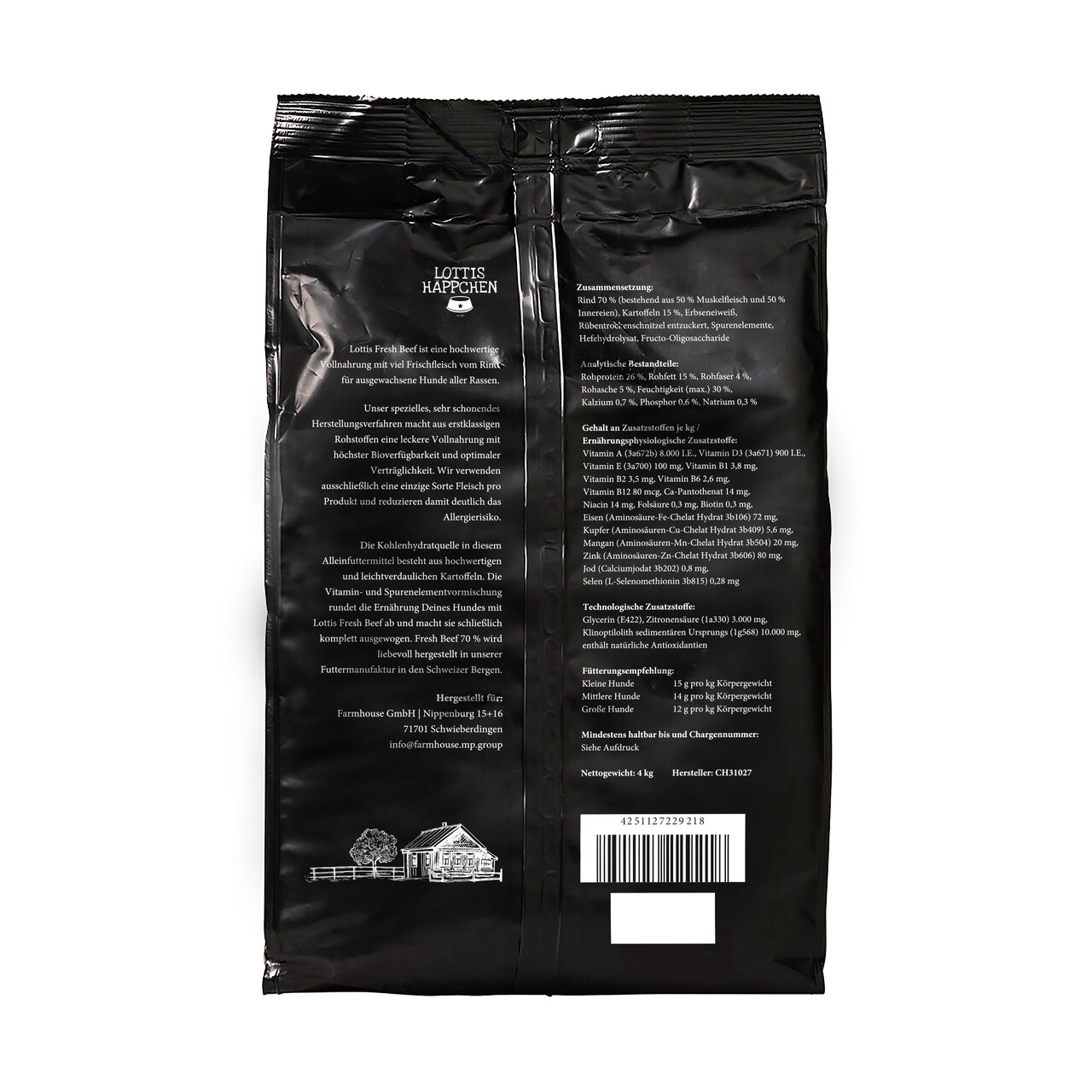 Lottis Häppchen Lottis Fresh Beef Trockenfutter für ausgewachsene Hunde, Rind, hypoallergen, 4 kg, Rückseite.