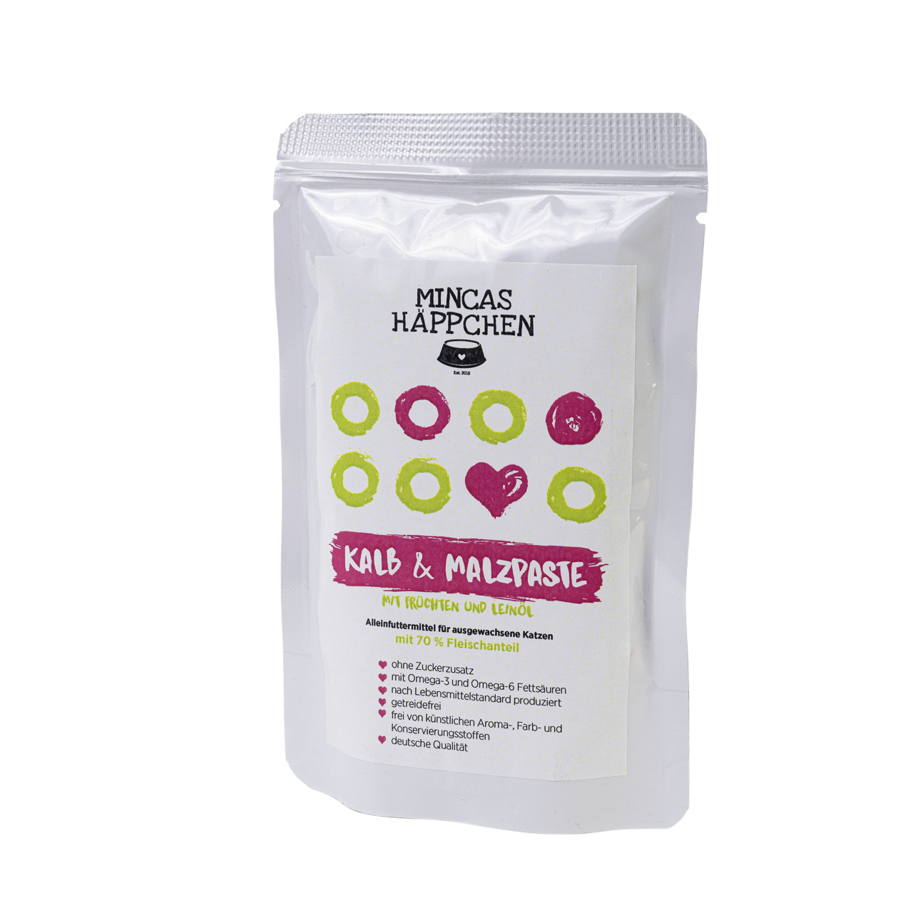 MINCAS HÄPPCHEN Kalb & Malzpaste: Alleinfutter f. erw. Katzen, 70 % Fleisch, getreidefrei, ohne Zuckerzusatz, Omega-3+6, ohne künstl. Stoffe.
