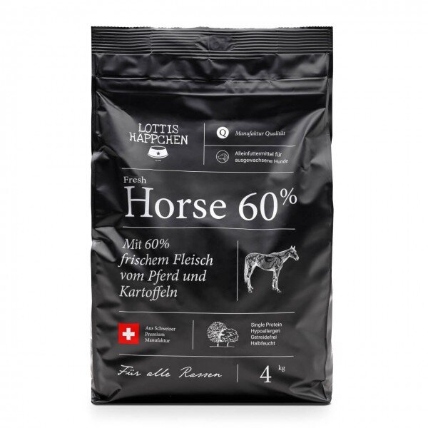 Lottis Häppchen Fresh Horse 60%: Alleinfutter f. erw. Hunde, 60% Pferd, getreidefrei, hypoallergen, Single-Protein, 4 kg.