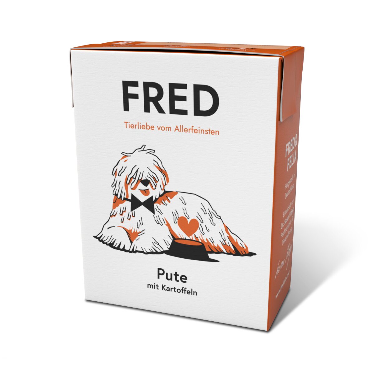 FRED Hundenassfutter Pute mit Kartoffeln für Hunde, Tierliebe vom Allerfeinsten, orange-weiße Faltschachtel mit Hundemotiv