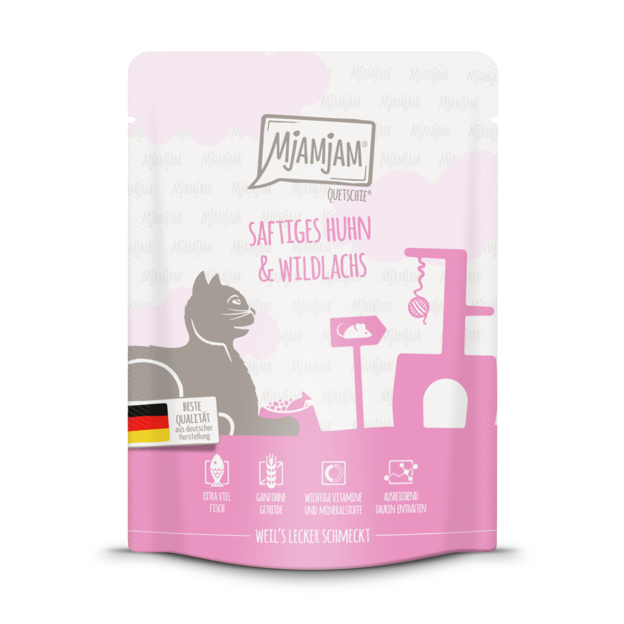 MJAMJAM Saftiges Huhn & Wildlachs, Katzenfutter, Huhn & Wildlachs, extra viel Fleisch, ohne Getreide, Vitamine, 85 g.