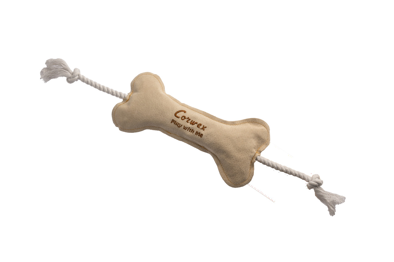 Corwex Hundespielzeug „Play with me“, beiger Knochen mit weißen Seilknoten, robust, Zahnpflege & Bindung, für Hunde.