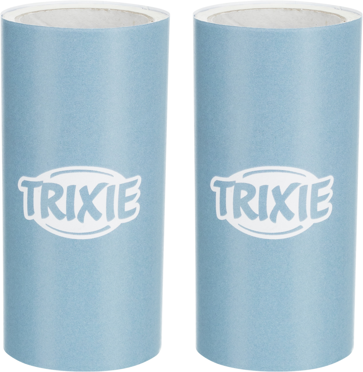Zwei blaue Ersatzrollen der Marke TRIXIE für Tierhaarentferner, geeignet für Haustierbesitzer. Die Rollen sind zylinderförmig und tragen das weiße TRIXIE-Logo. Sie dienen der effektiven Entfernung von Tierhaaren von Kleidung und Möbeln. Enthält zwei Rolle