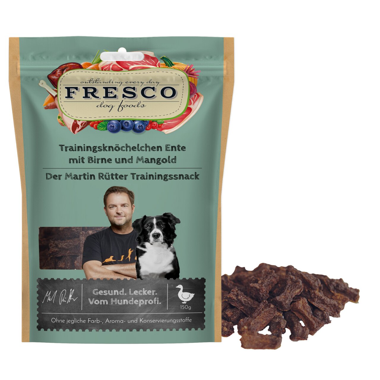 Fresco Trainingsknöchelchen Ente, Birne & Mangold, Hunde, natürlicher Snack, gesund, lecker, Menge: 150g.