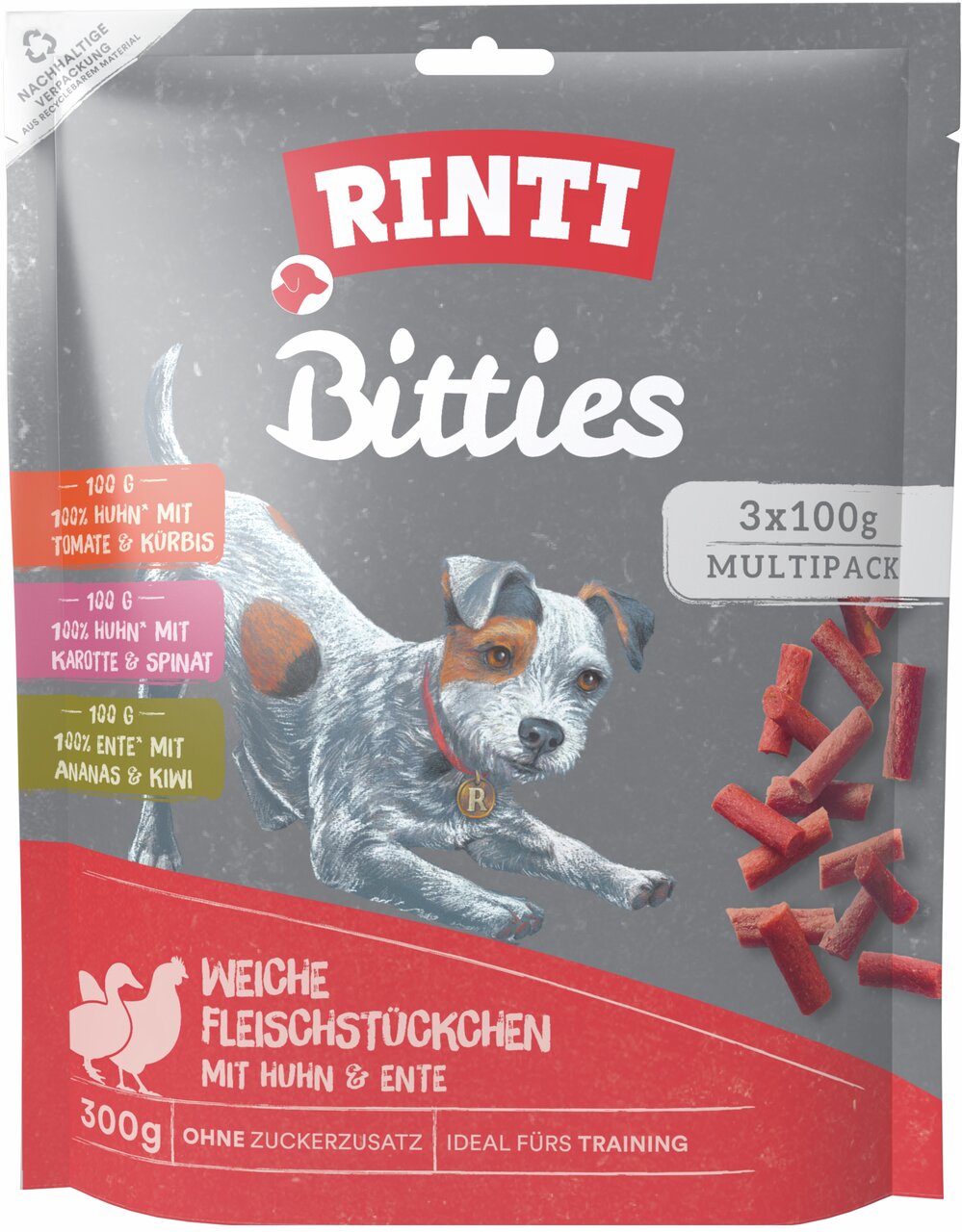 RINTI Bitties Huhn & Ente für Hunde, Multipack 3x100g, 100% Fleisch, Sorten: Tomate, Karotte, Ananas, ohne Zuckerzusatz.
