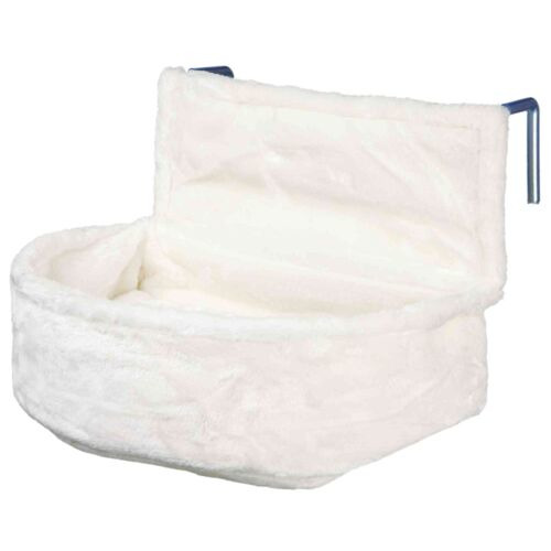 Weißes, flauschiges Katzenbett von TRIXIE, Modell „Kuschelbett für Heizkörper“. Zielgruppe: Katzen. Das Bett ist mit weichem Plüsch bezogen und wird an Heizkörpern befestigt, um Wärme und Komfort zu bieten. Ideal für entspannte Ruhephasen. Maße und Gewich