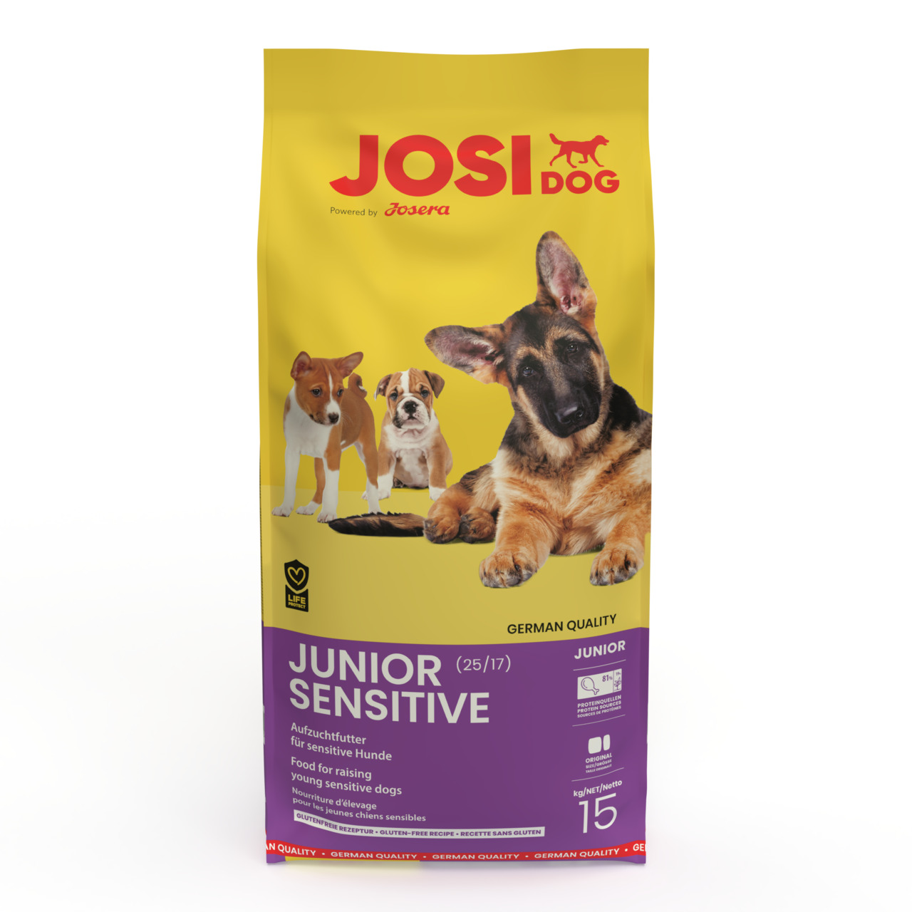 Josera JosiDog Junior Sensitive, für junge sensible Hunde, glutenfrei, deutsche Qualität, 15 kg, ohne angegebene Geschmacksrichtung.