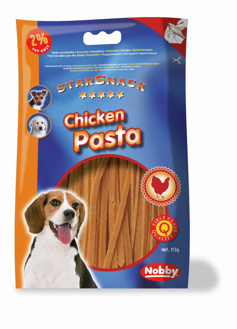 Nobby StarSnack Chicken Pasta, Ergänzungsfutter f. Hunde, Huhn, 2 % Fett, wiederverschließbar, 113 g.