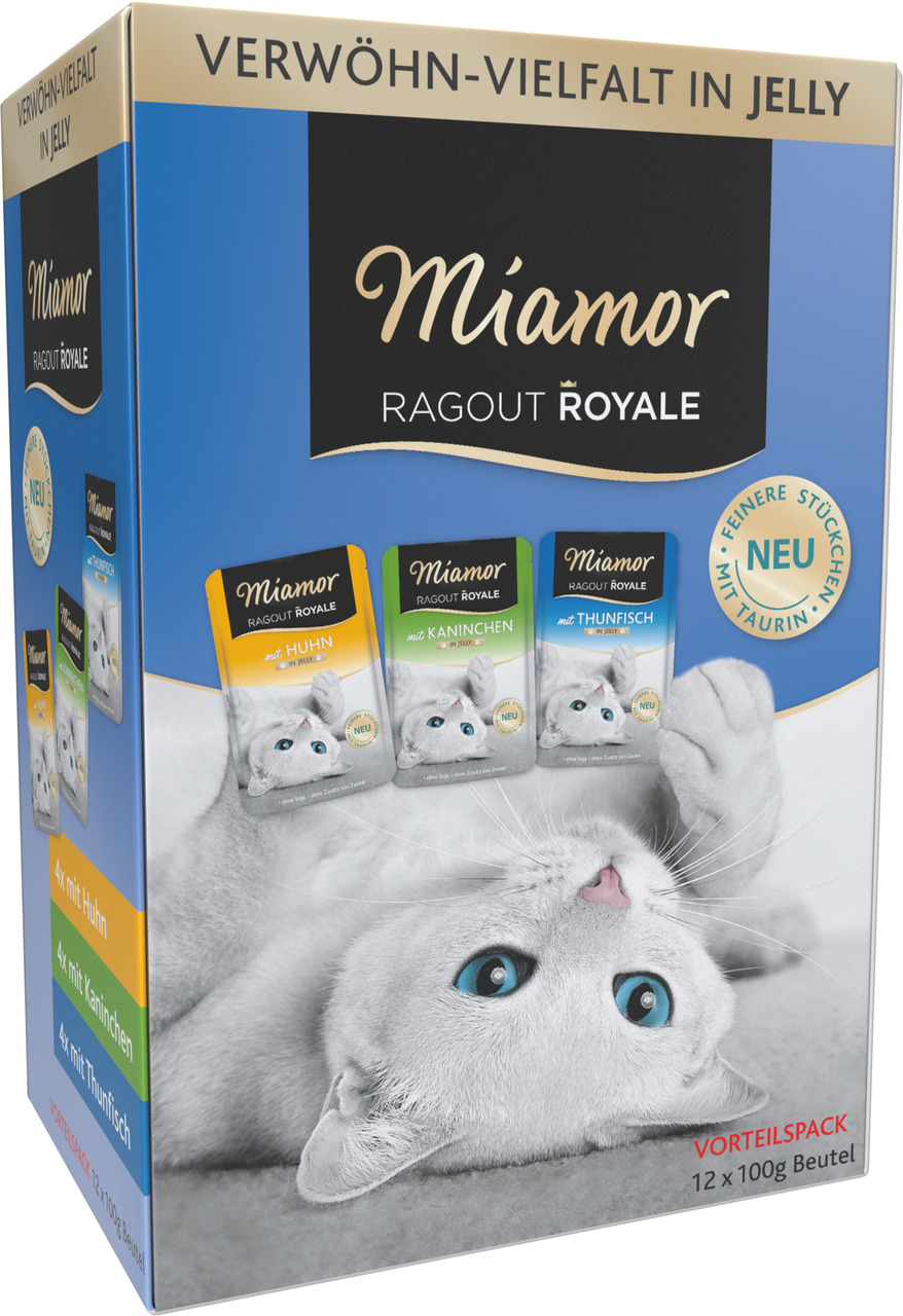 Miamor Ragout Royale Katzenfutter, Verwöhn-Vielfalt in Jelly, 12x100g, Huhn-Kaninchen-Thunfisch, „Feinere Stückchen“, „Mit Taurin“, „Neu“.