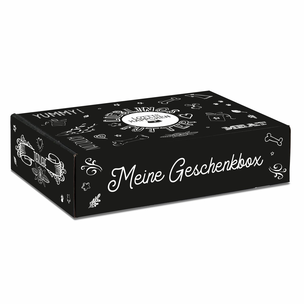 Schwarze Geschenkbox von LOTTIS HÄPPCHEN für Hunde, dekorativ bedruckt mit Tiermotiven und Schriftzug "Meine Geschenkbox".