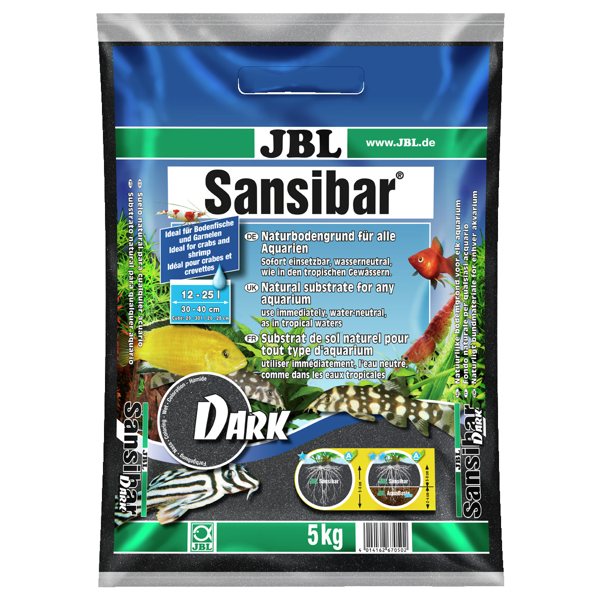 Das Bild zeigt das Produkt "JBL Sansibar Dark", einen Naturbodengrund für Aquarien. Es ist speziell für Bodenfische und Garnelen geeignet, sofort einsetzbar und wasserneutral. Die Verpackung enthält 5 kg des dunklen Substrats, ideal für tropische Aquarien