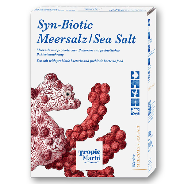 Tropic Marin Syn-Biotic Meersalz, für Aquaristik, mit probiot. Bakterien & präbiot. Nahrung, auffälliges Design, rotes Seepferdchen.