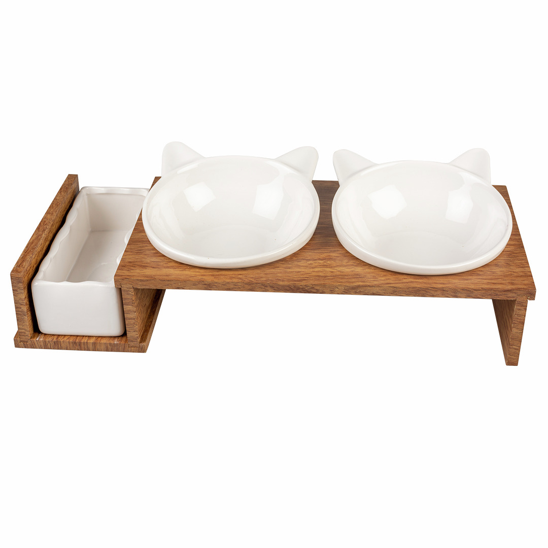 EBI Elevated Diner: Stilvolles Holzgestell mit 2 Keramiknäpfen (Katzenohr-Form) + Behälter, für Katzen, ideal für Futter & Wasser.