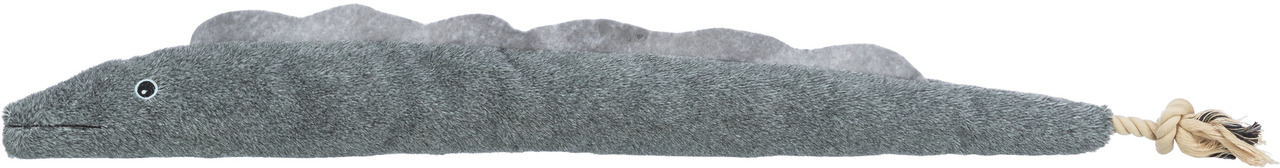 TRIXIE Plüsch-Dino, Katzenspielzeug, grau, Dino-Form, weiche Plüschoberfläche, mit Kordel am Schwanz, ideal für aktive Katzen.