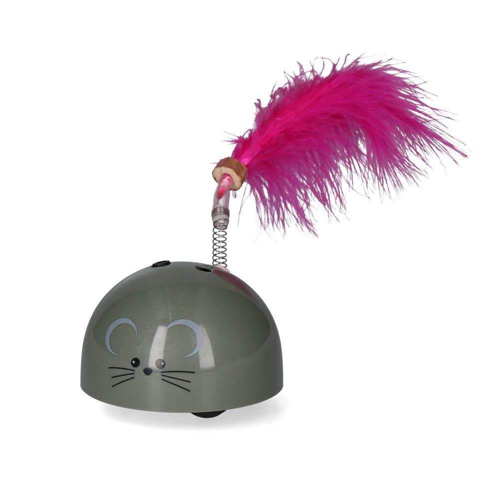 ROBOCAT Katzenspielzeug, halbrunde graue Maus mit pinker Feder, für Katzen aller Altersgruppen, animiert zum Spielen & Jagen.