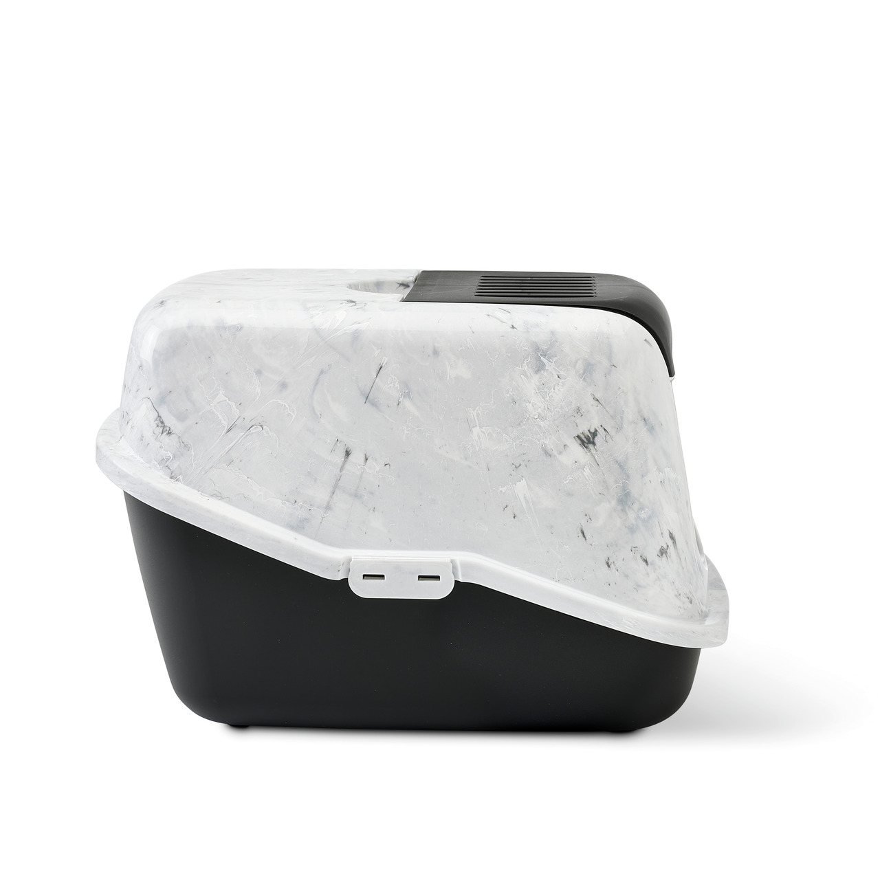 Geschlossene Katzentoilette von SAVIC, Modell "Marble", geeignet für Katzen aller Größen. Die Toilette hat ein modernes Design mit einer schwarzen Basis und einer marmorierten, weißen Abdeckung. Sie bietet Privatsphäre und reduziert Gerüche. Perfekt für e