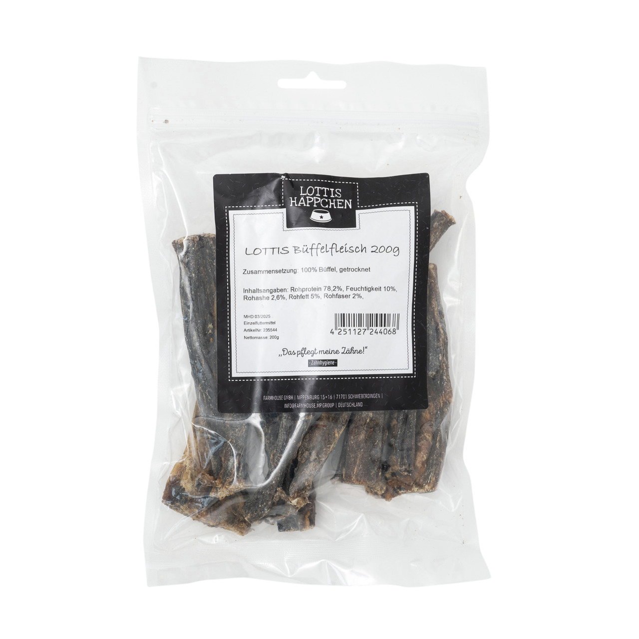 LOTTIS HÄPPCHEN Büffelfleisch 200g, für Hunde, 100 % Büffel, getrocknet, „Das pflegt meine Zähne!“.